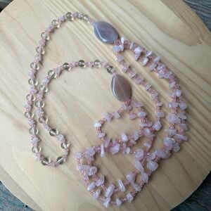 Vintage Necklace 33 Inch Rose Quartz Agate Glass Round Bead 2 Strand Layered